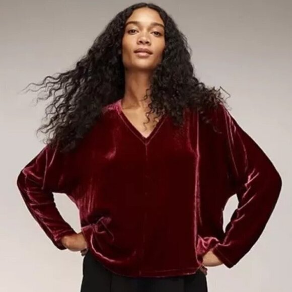Eileen Fisher Deep Claret Burgundy Red Silk Dolman Sleeve Velvet Top Oversized - Picture 1 of 10